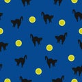 Seamless pattern Halloween black cats and glowing full moon on blue background, vector eps 10 Royalty Free Stock Photo