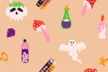 Seamless pattern with Halloween cartoon elements. Background with a witchs potion, ghost and other decor for the holiday