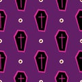 Seamless pattern - halloween coffin on a purple background