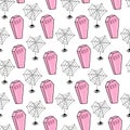 Vector Seamless pattern for Halloween. Cute background with pink coffins and spiders.