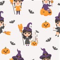 Seamless pattern Halloween. Cute witch girls with braids and broom near grave cross with bats and pumpkin Jack with