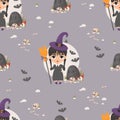 Seamless pattern Halloween. Cute witch gothic girl with braids and broom near grave with skull and bats on gray