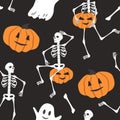 Seamless pattern for halloween with dancing skeletons, jack-o`-lanterns, ghosts on black background