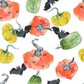 Seamless pattern with Halloween elements, pumpkins, bats on a white background. All elements are hand-drawn in Royalty Free Stock Photo