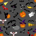 Seamless Pattern with Halloween Elements for Your Design. Pumpkin, Ghost, Cat, Hat, Broom, Coffins. Vector Illustration. Royalty Free Stock Photo