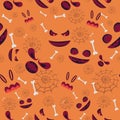 seamless pattern of halloween ghost with bones and cobwebs on purple background , cartoon ghost funny faces. Orange pumpkin with Royalty Free Stock Photo