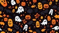 seamless pattern with halloween ghosts and pumpkins on black background Royalty Free Stock Photo