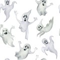 Seamless pattern with halloween ghosts on white background. Hand