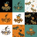 Seamless pattern. Halloween. Lettering. Funny cartoon pumpkin monster in witch hat. Bat. Cat monster. Patchwork print Royalty Free Stock Photo