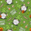 Seamless Pattern Halloween Monster Frankenstein Gnome, Cute Cartoon Illustration