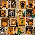 Seamless pattern Halloween old postage stamps vintage Royalty Free Stock Photo
