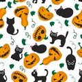 Seamless pattern Halloween pumpkin and black cat on a white background Royalty Free Stock Photo