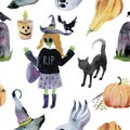 Seamless pattern for Halloween. Pumpkin, ghost, bat, candy, and other items on Halloween theme. Bright cartoon pattern Royalty Free Stock Photo