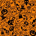 Seamless pattern for Halloween. Pumpkin, ghost, vampire, coffin and more. Isolated. Black and orange color. Royalty Free Stock Photo
