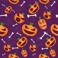 seamless pattern of halloween pumpkins with bones and cobwebs on purple background , cartoon ghost funny faces. Orange pumpkin Royalty Free Stock Photo