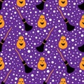 Seamless pattern with Halloween pumpkins, brooms, and flakes. Vector background. Holiday illustration for cute backdrops Royalty Free Stock Photo