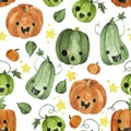 watercolor seamless pattern with halloween pumpkins. cute pumpkin characters, funny faces. autumn print Royalty Free Stock Photo