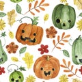 watercolor seamless pattern with halloween pumpkins. cute pumpkin characters, funny faces. autumn print Royalty Free Stock Photo