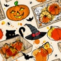 Seamless pattern with Halloween pumpkins, witch hat and black cat. Royalty Free Stock Photo