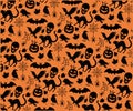 Seamless pattern for Halloween with scary silhoettes on orange background.