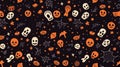 seamless pattern with halloween skulls and spiders on black background Royalty Free Stock Photo