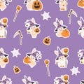 Seamless pattern Halloween. Stickers cute rabbit in witch hat with broom, Pumpkin Jack, witchs scythe and ghost on