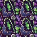 Seamless pattern with Halloween sweets on a dark background. Bat cookies, candy, lollipop, marshmallow. Trick or treat Royalty Free Stock Photo