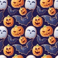 Seamless pattern with Halloween sweets on a dark background. Cookies in the form of a ghost, a bat, a pumpkin. Trick or Royalty Free Stock Photo