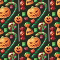 Seamless pattern with Halloween sweets on a dark background. Cookies in the form of pumpkin, candy, lollipop Royalty Free Stock Photo