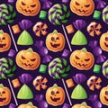 Seamless pattern with Halloween sweets on a dark background. Cookies in the form of pumpkin, candy, lollipop Royalty Free Stock Photo