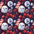 Seamless pattern with Halloween sweets on a dark background. Ghost cookies, candy, lollipop, marshmallow. Trick or treat Royalty Free Stock Photo