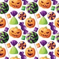 Seamless pattern with Halloween sweets on a white background. Cookies in the form of pumpkin, candy, lollipop Royalty Free Stock Photo