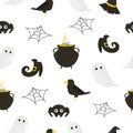 Seamless pattern with Halloween symbols - ghost, cauldron with potion, raven, spider, web