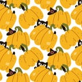 Seamless pattern for Halloween. Vector illustration for a Halloween party. Black cat, bat, witch hat on yellow pumpkins and white Royalty Free Stock Photo