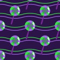 Seamless pattern halloween wave and lollipops purple green