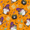 Seamless Pattern Halloween Witches Gnome, Cute Cartoon Illustration
