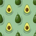Seamless pattern with halves and a whole avocado on a green background. Brush stroke elements, grunge texture Royalty Free Stock Photo