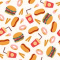Seamless pattern with hamburgers, fries and drinks. Delicious grill meal. Food for restaurant and cafe. Decor textile