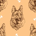 Seamless Pattern hand drawing German shepherd with bones Royalty Free Stock Photo