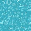 Seamless pattern hand drawings of beach accessories.