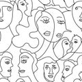 Seamless pattern of hand drawn abstract faces of men and women in line art style. Modern minimalism black and white drawing. Royalty Free Stock Photo