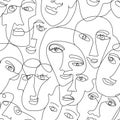 Seamless pattern of hand drawn abstract faces of men and women in line art style. Modern minimalism black and white drawing. Royalty Free Stock Photo