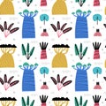 Seamless pattern with hand drawn African baobab trees, bush, leaves Royalty Free Stock Photo