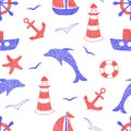 Seamless pattern with hand drawn anchor, dolphin, ship, lighthouse, sailboat, hand wheel, helm on white background in childrens