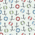 Seamless pattern with hand drawn anchors, lifesavers. Boating, sailing and fishing concept