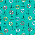 Seamless pattern with hand drawn anchors, lifesavers. Boating, sailing and fishing concept