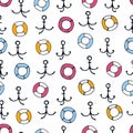 Seamless pattern with hand drawn anchors, lifesavers. Boating, sailing and fishing concept