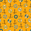 Seamless pattern with hand drawn anchors, lifesavers on yellow background. Boating, sailing and fishing concept