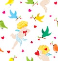 Seamless pattern with hand drawn angels with heart.