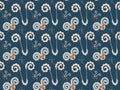 A seamless pattern of hand-drawn Aries zodiac symbols in orange-cream colors on a dark background. Pictograms, constellations, ram